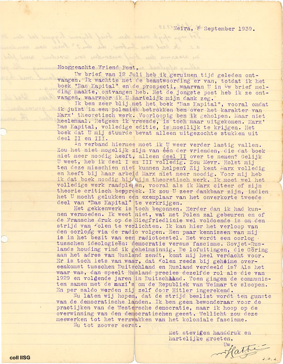 Hatta to Post, 8 September 1939