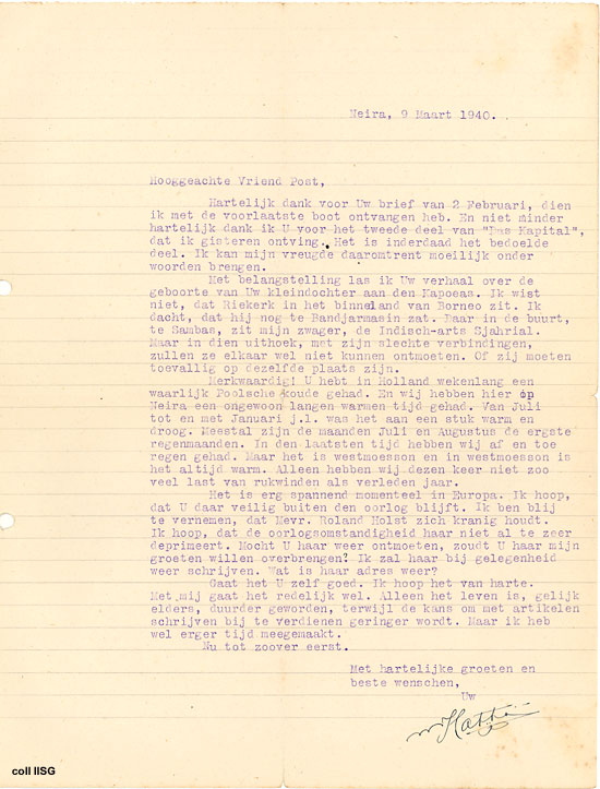 Hatta to Post, 9 maart 1940
