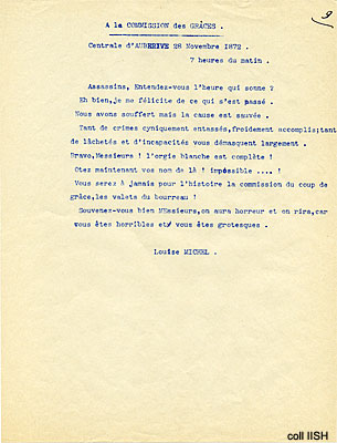 Copie dactylographiée d'un poème de Louise Michel adressé à la Commission des Grâces
