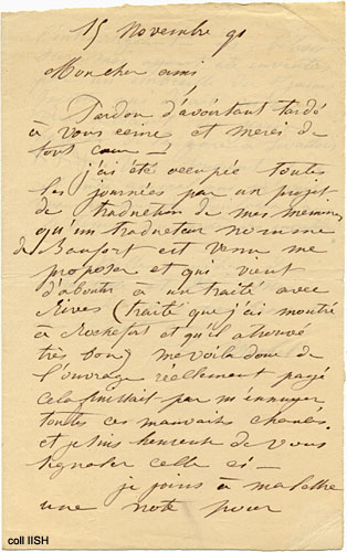 Lettre de Louise Michel à M. Vaughan, 1891