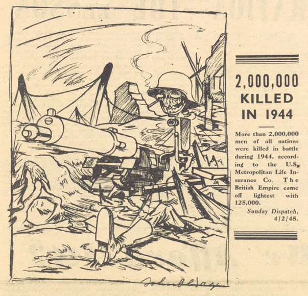 Cartoon van John Olday in War Commentary 24 februari 1945