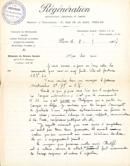 Letter from Eugène Humbert ordering pessaries