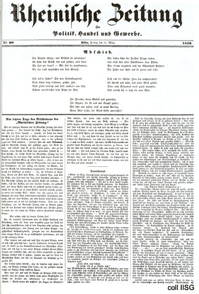 Front page of the final issue of the Rheinische Zeitung 31 March 1843