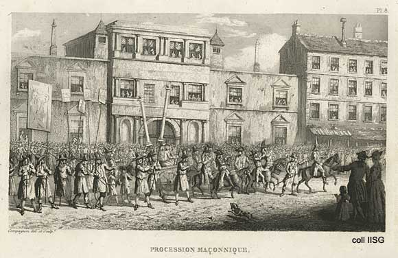 Engraving of a procession of Freemasons